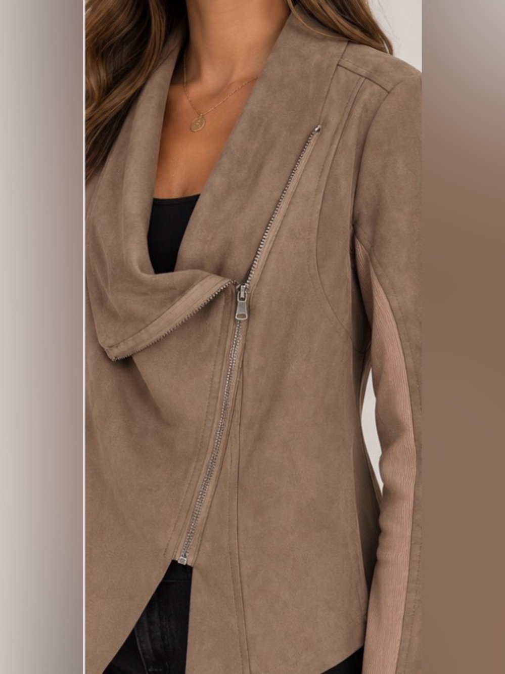 Vigoss Taupe Faux Suede Asymmetrical Lightweight Moto Zip Jacket M Medium - Picture 2 of 9